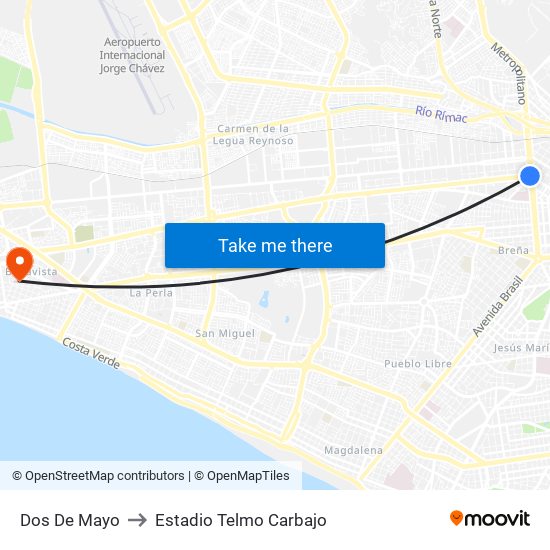 Dos De Mayo to Estadio Telmo Carbajo map