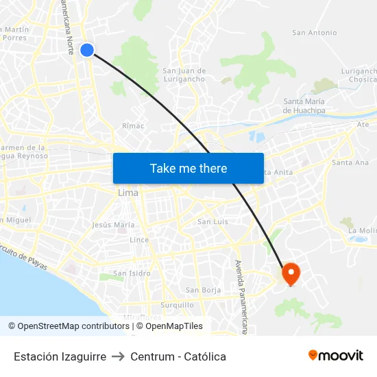 Estación Izaguirre to Centrum - Católica map