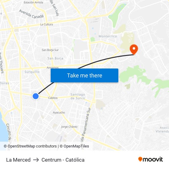 La Merced to Centrum - Católica map