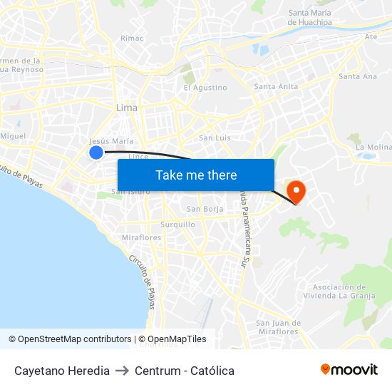 Cayetano Heredia to Centrum - Católica map