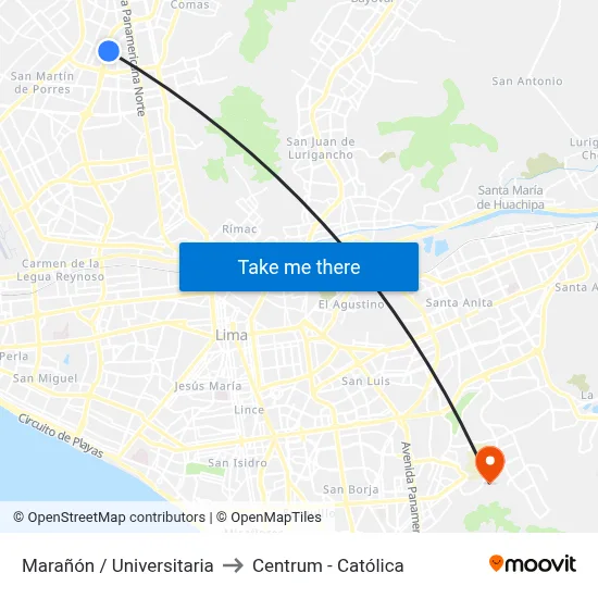 Marañón / Universitaria to Centrum - Católica map