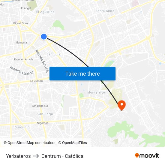 Yerbateros to Centrum - Católica map