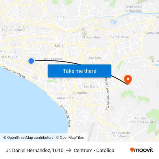 Jr. Daniel Hernández, 1010 to Centrum - Católica map