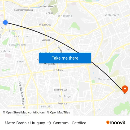 Metro Breña / Uruguay to Centrum - Católica map