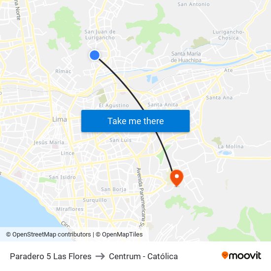 Paradero 5 Las Flores to Centrum - Católica map