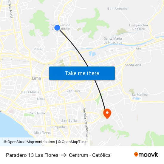 Paradero 13 Las Flores to Centrum - Católica map