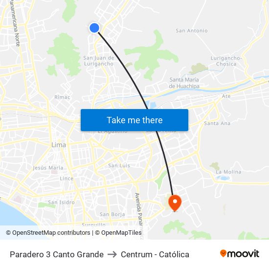 Paradero 3 Canto Grande to Centrum - Católica map