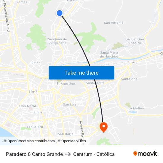 Paradero 8 Canto Grande to Centrum - Católica map