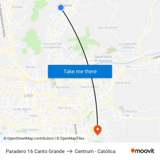 Paradero 16 Canto Grande to Centrum - Católica map