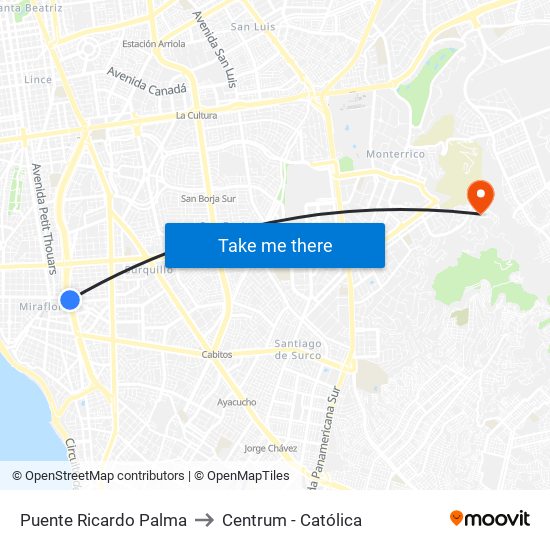 Puente Ricardo Palma to Centrum - Católica map