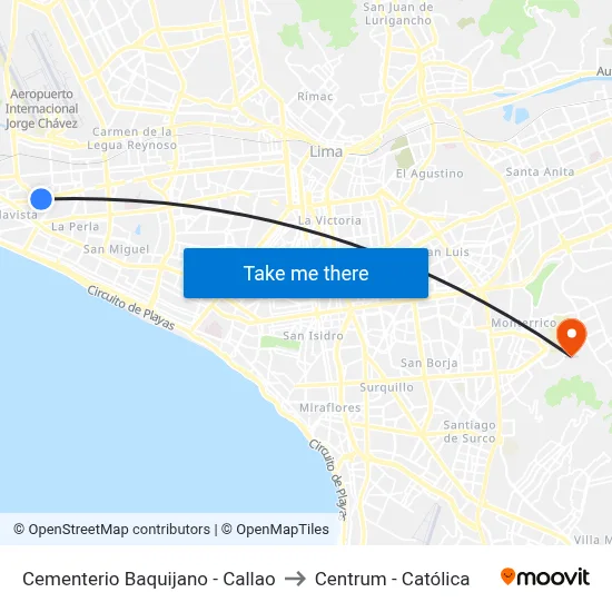 Cementerio Baquijano - Callao to Centrum - Católica map