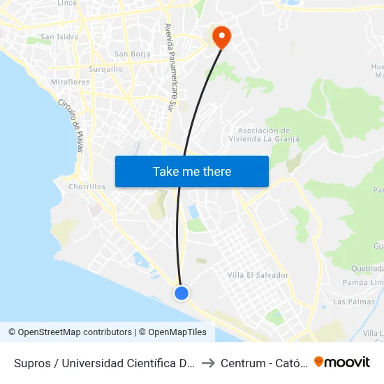 Supros / Universidad Científica Del Sur to Centrum - Católica map