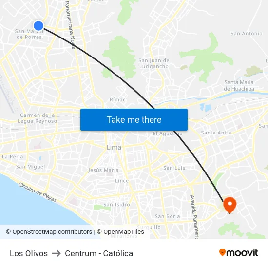 Los Olivos to Centrum - Católica map