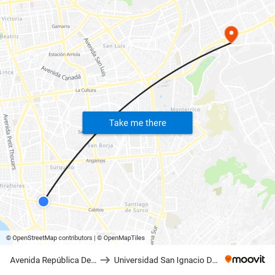 Avenida República De Panamá, 6190 to Universidad San Ignacio De Loyola Campus 1 map