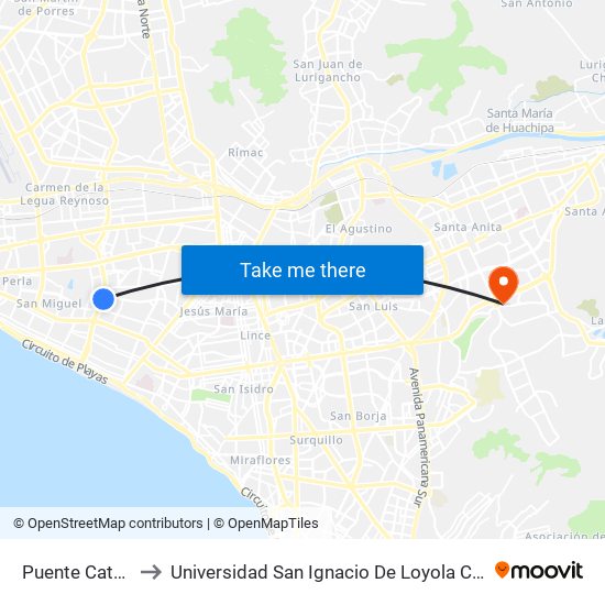 Puente Católica to Universidad San Ignacio De Loyola Campus 1 map