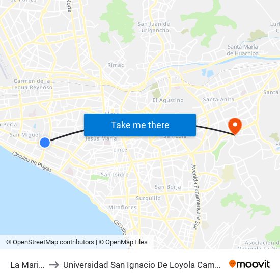 La Marina to Universidad San Ignacio De Loyola Campus 1 map