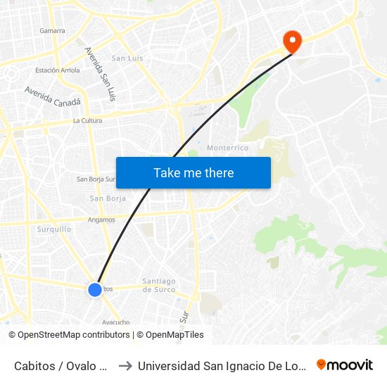 Cabitos / Ovalo Higuereta to Universidad San Ignacio De Loyola Campus 1 map