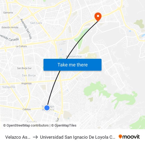 Velazco Astete to Universidad San Ignacio De Loyola Campus 1 map