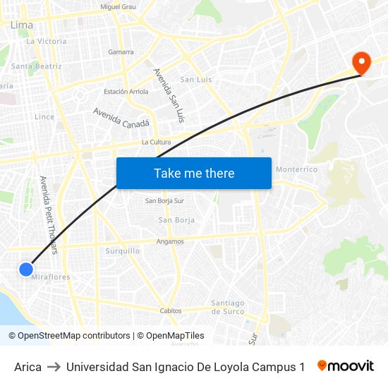 Arica to Universidad San Ignacio De Loyola Campus 1 map