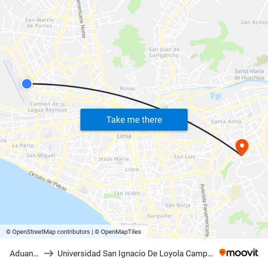 Aduanas to Universidad San Ignacio De Loyola Campus 1 map