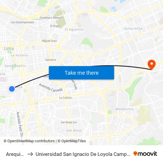 Arequipa to Universidad San Ignacio De Loyola Campus 1 map