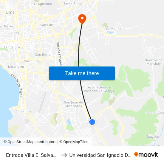 Entrada Villa El Salvador / Pumacahua to Universidad San Ignacio De Loyola Campus 1 map