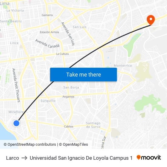 Larco to Universidad San Ignacio De Loyola Campus 1 map