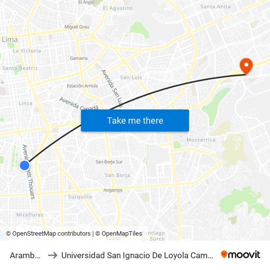 Aramburú to Universidad San Ignacio De Loyola Campus 1 map