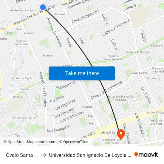 Óvalo Santa Anita to Universidad San Ignacio De Loyola Campus 1 map
