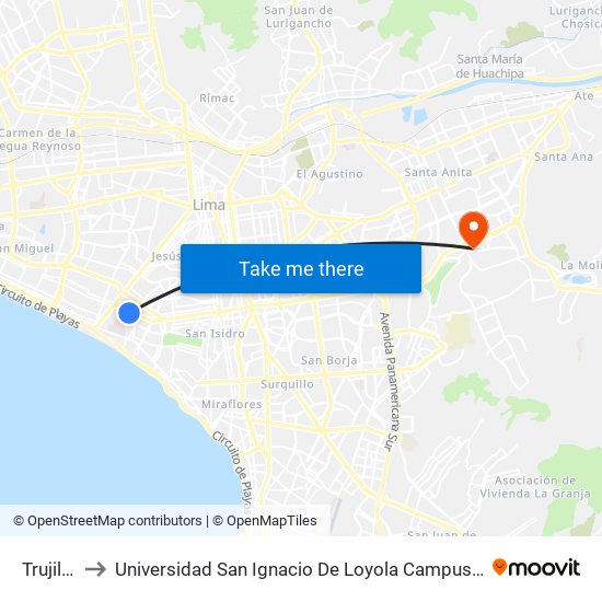 Trujillo to Universidad San Ignacio De Loyola Campus 1 map