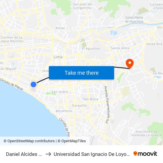 Daniel Alcides Carrión to Universidad San Ignacio De Loyola Campus 1 map