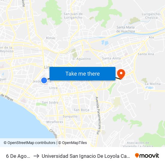 6 De Agosto to Universidad San Ignacio De Loyola Campus 1 map