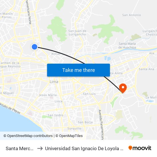 Santa Mercedes to Universidad San Ignacio De Loyola Campus 1 map