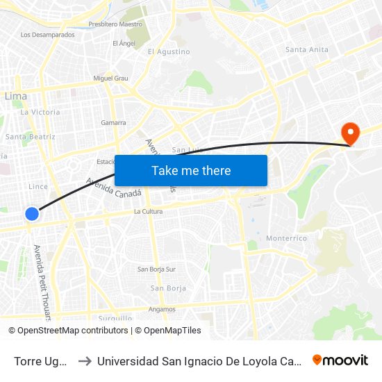 Torre Ugarte to Universidad San Ignacio De Loyola Campus 1 map