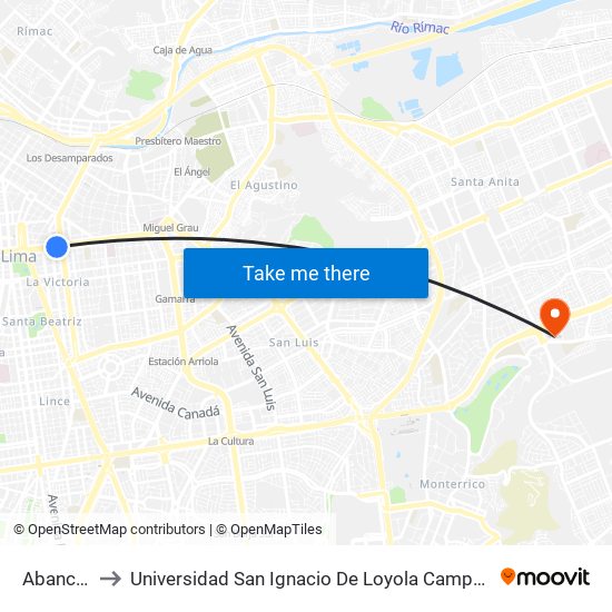 Abancay to Universidad San Ignacio De Loyola Campus 1 map