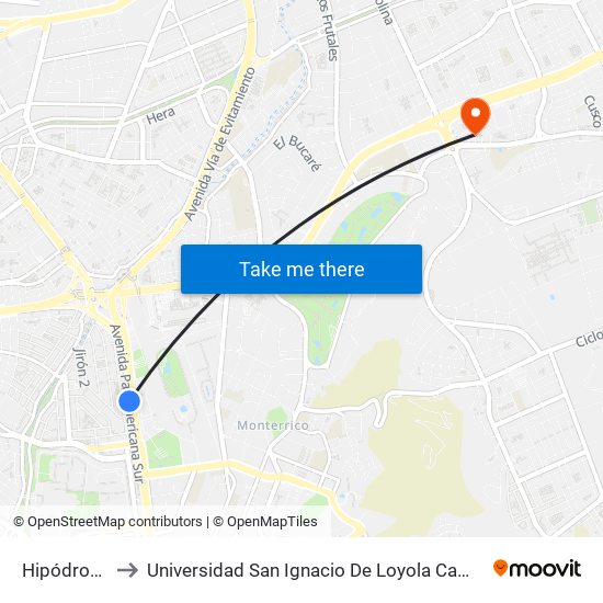 Hipódromo to Universidad San Ignacio De Loyola Campus 1 map