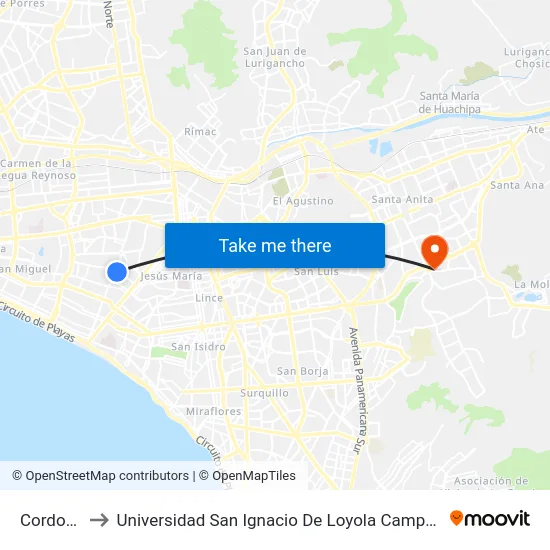 Cordoba to Universidad San Ignacio De Loyola Campus 1 map
