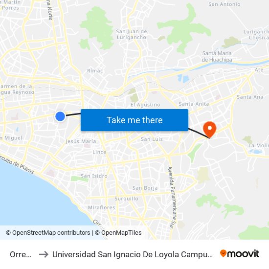 Orrego to Universidad San Ignacio De Loyola Campus 1 map