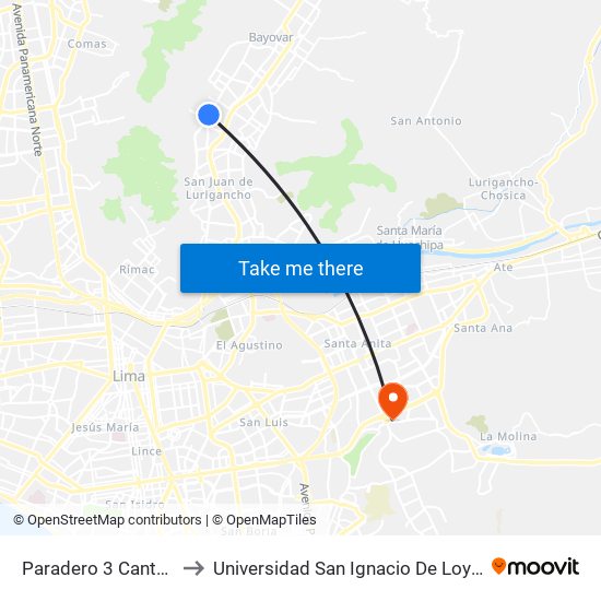 Paradero 3 Canto Grande to Universidad San Ignacio De Loyola Campus 1 map