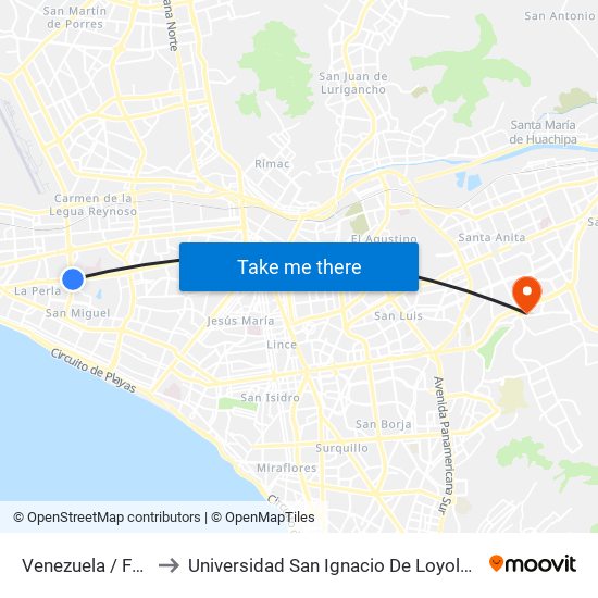 Venezuela / Faucett to Universidad San Ignacio De Loyola Campus 1 map