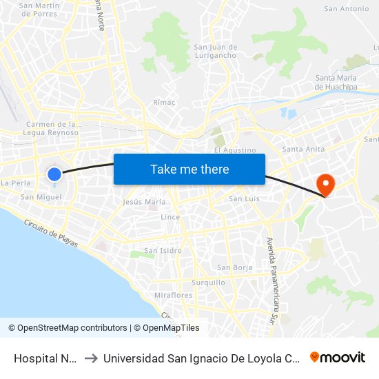 Hospital Naval to Universidad San Ignacio De Loyola Campus 1 map