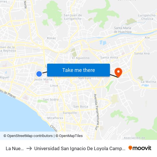 La Nueve to Universidad San Ignacio De Loyola Campus 1 map