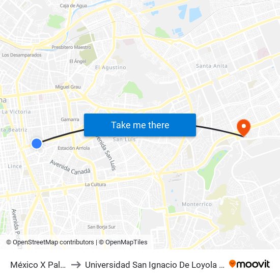 México X Palermo to Universidad San Ignacio De Loyola Campus 1 map