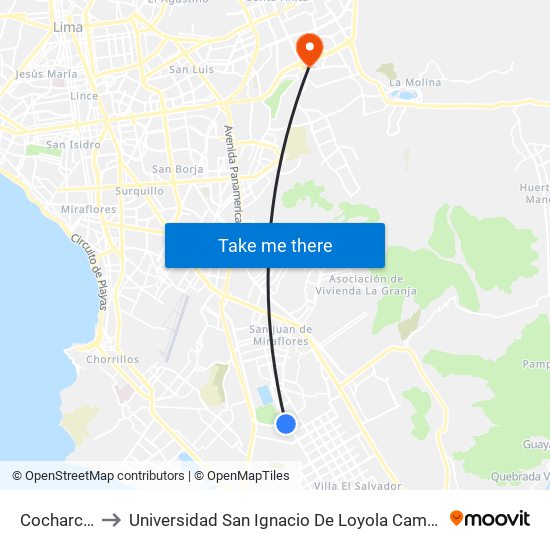 Cocharcas to Universidad San Ignacio De Loyola Campus 1 map
