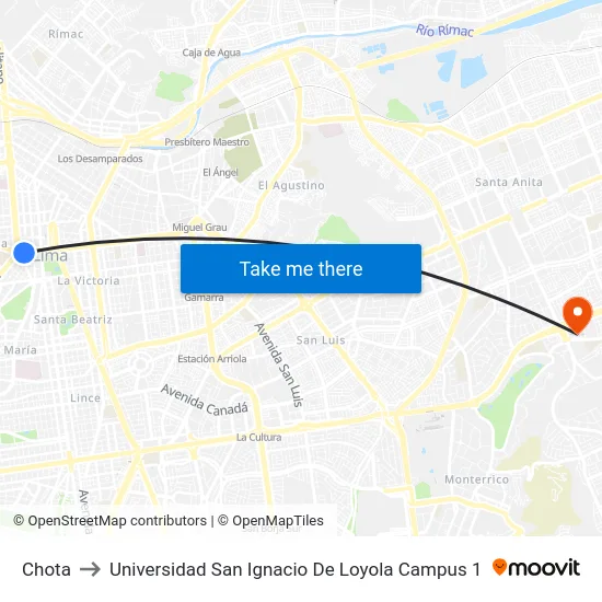 Chota to Universidad San Ignacio De Loyola Campus 1 map