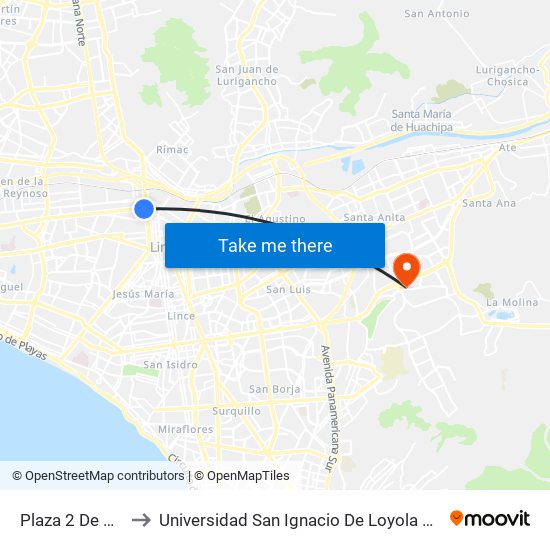 Plaza 2 De Mayo to Universidad San Ignacio De Loyola Campus 1 map