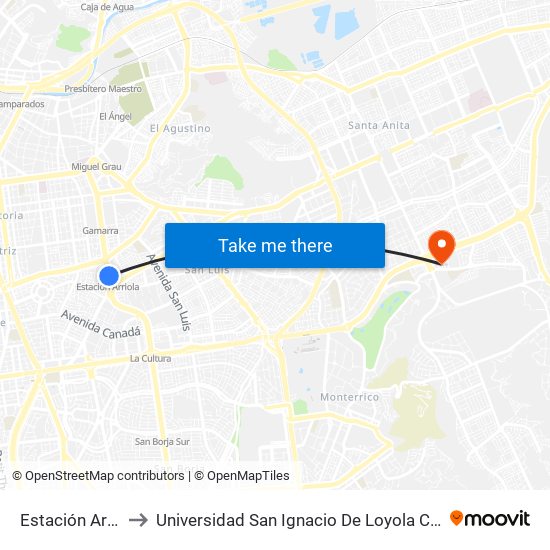 Estación Arriola to Universidad San Ignacio De Loyola Campus 1 map