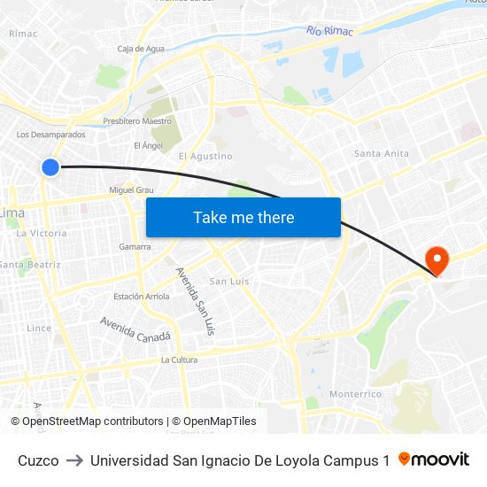 Cuzco to Universidad San Ignacio De Loyola Campus 1 map