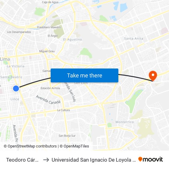 Teodoro Cárdenas to Universidad San Ignacio De Loyola Campus 1 map