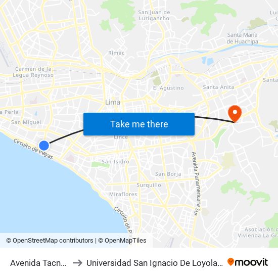 Avenida Tacna, 970 to Universidad San Ignacio De Loyola Campus 1 map